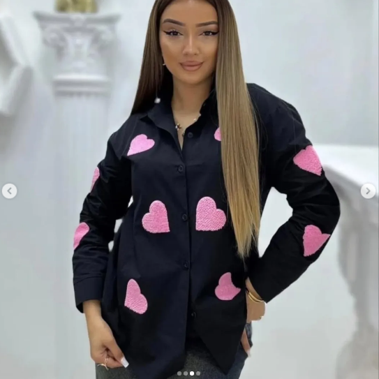 Women's Button Down Collared  Long Sleeve Shirts With 3D Heart Design